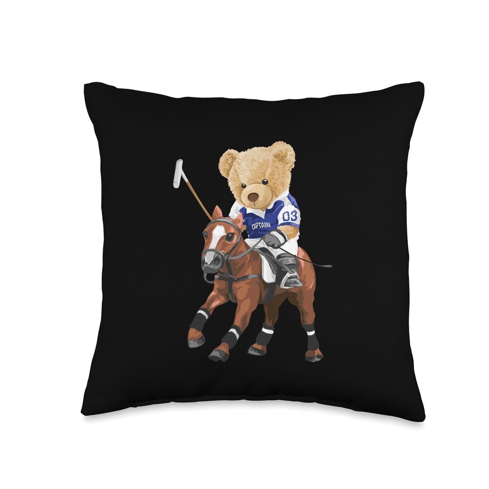 5993 Cool Teddy Bear Playing Horse Polo Game Illustration Graphic Throw